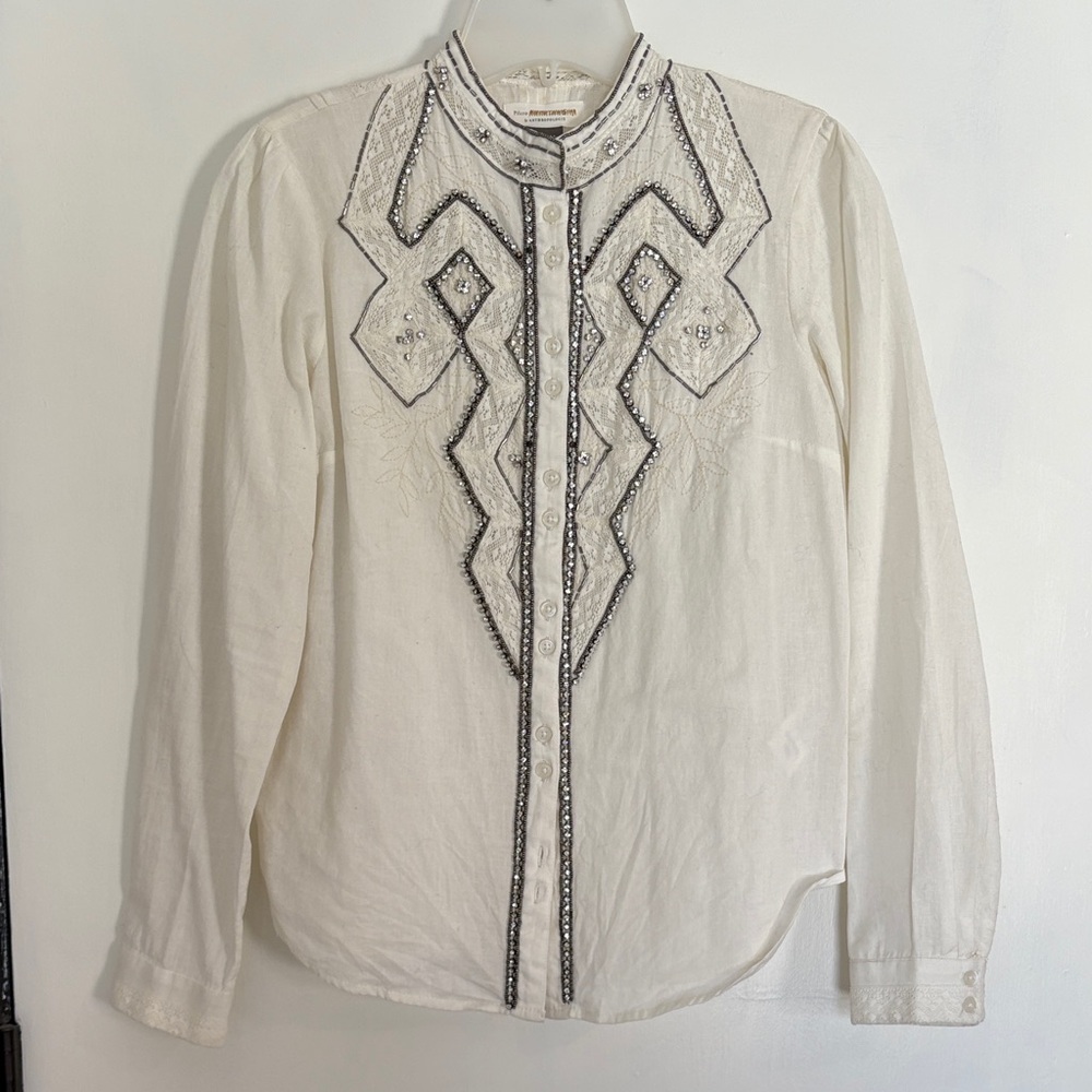 Anthropologie Pilcro blouse with rhinestone and lace embellishments , size xs